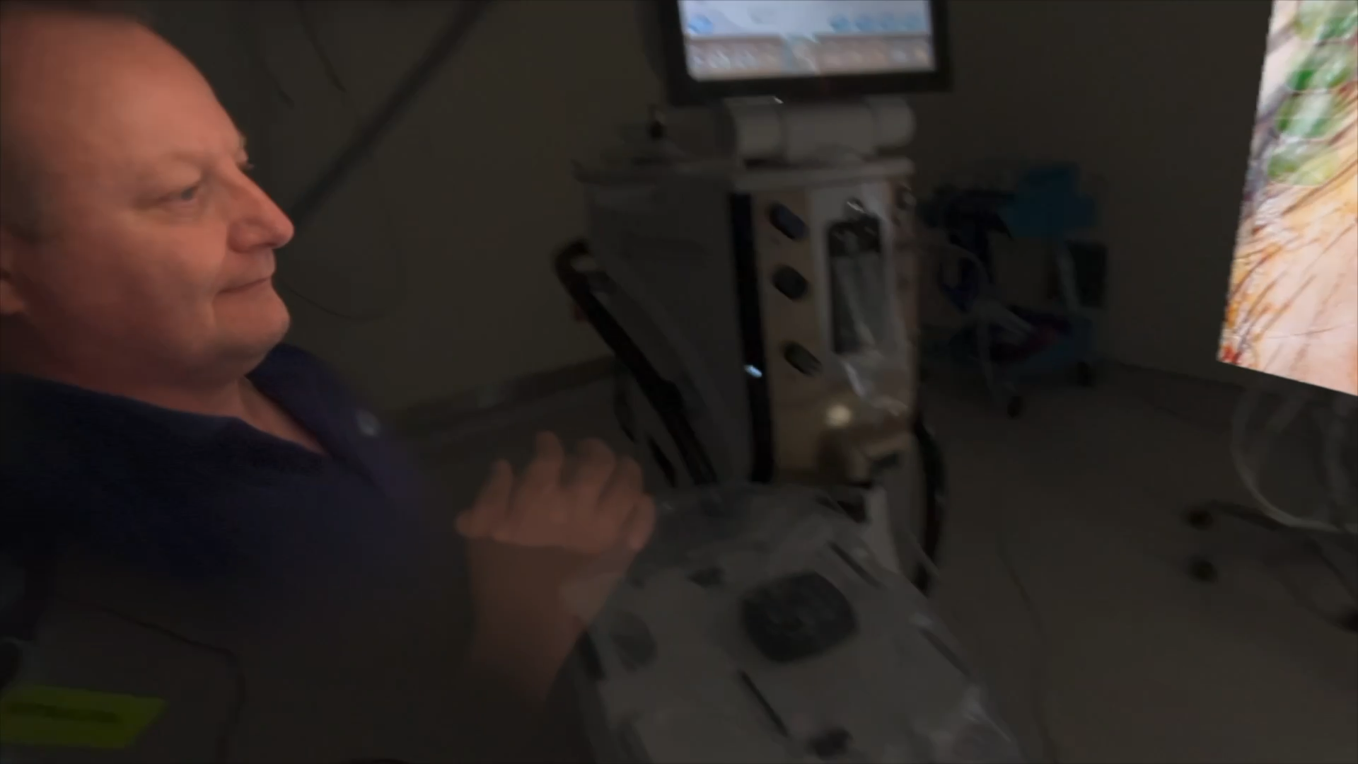 A clinician appearing spatially beside surgical equipment and a shared clinical view.
